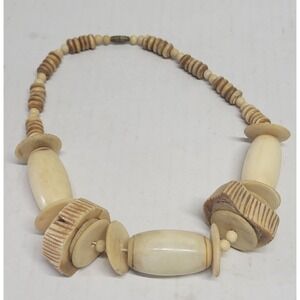 Vintage Carved Bone Statement Necklace Cream Tan‎ Indian Boho Beaded 20"
